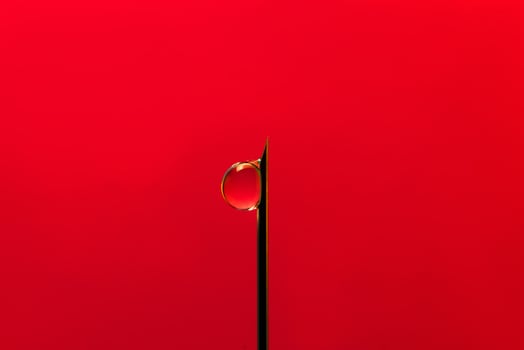 stop aids. No drugs. needle on a red background. Needle with a drop of contaminated blood at the end photo