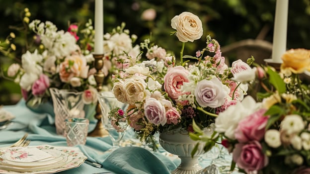 AI generated Garden party tablescape, elegance with floral table decor photo