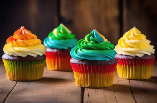 AI generated St. Patrick's Day, national Irish cuisine, traditional Irish pastries, rainbow cupcakes decorated with colorful cream, homemade dessert photo