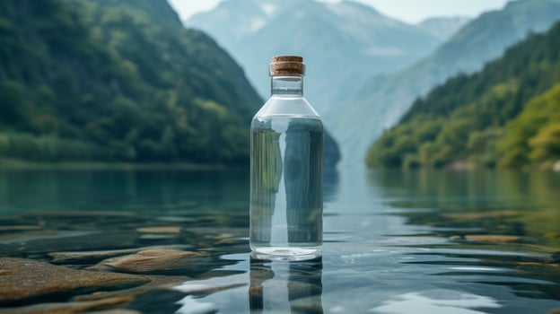 AI generated Describing a Bottle of Pure Water with a Mountainous Backdrop photo