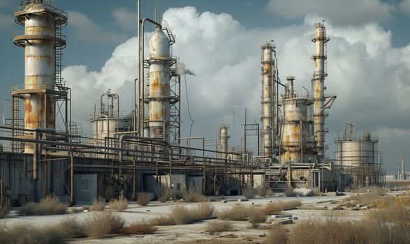 AI generated industrial landscape with heavy pollution produced by a large chemical plant photo