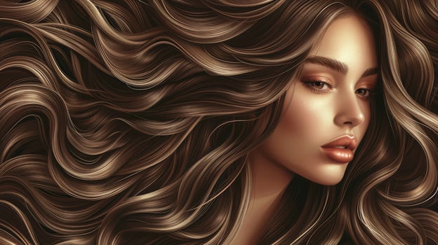 AI generated Brunette girl with long and shiny curly hair . Beautiful model woman with wavy hairstyle photo