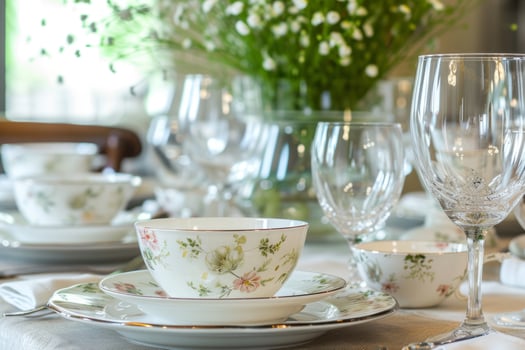 AI generated Elegant table setting with delicate floral themed dishes. Generative AI photo