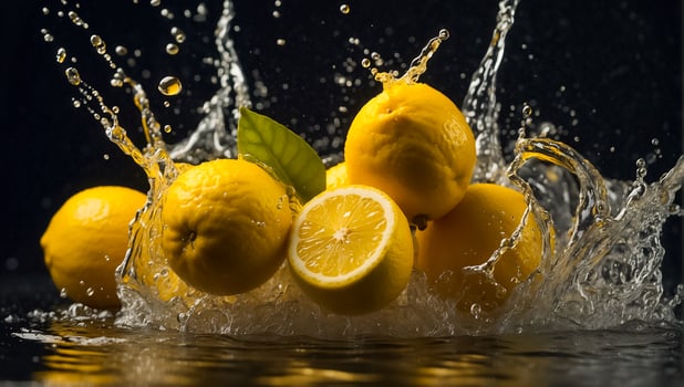 AI generated Fresh ripe lemons, water drops, splash photo