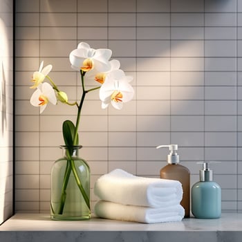 AI generated folded towel, bottle of liquid soap and flowers on a shelf in the bathroom photo