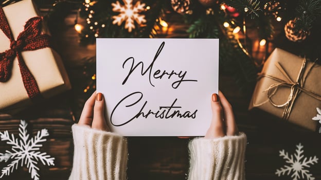 AI generated Christmas and New Year concept. Woman holding card with text Happy Holidays. photo