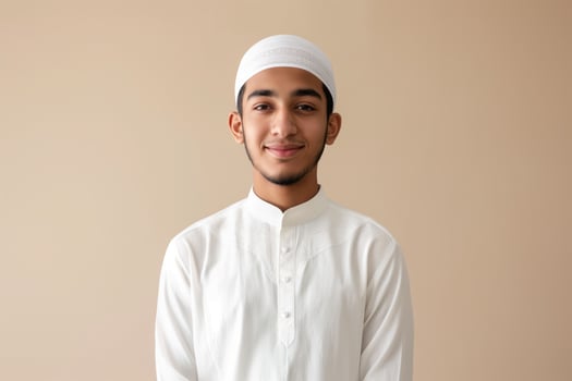 AI generated A young Muslim man, smiling and dressed in a white thobe and kufi, isolated on a beige background photo