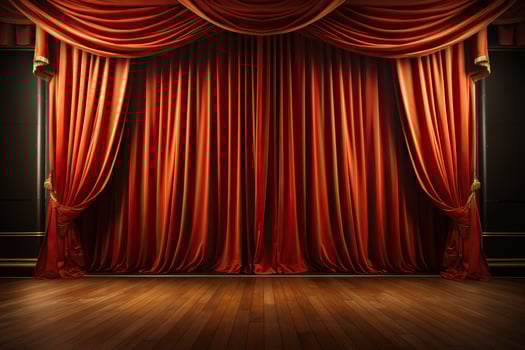 AI generated Empty stage with red theater curtain in the rays of spotlights. Generative AI photo