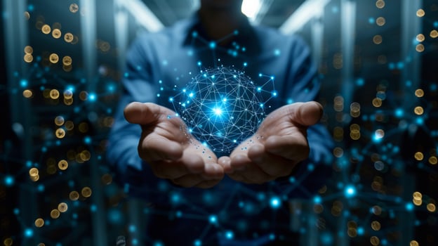 AI generated businessman can be seen holding icons related to technology, servers photo