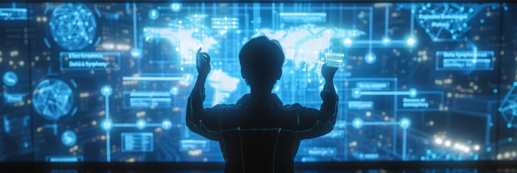 AI generated A confident business leader orchestrates a board meeting surrounded by holographic charts photo