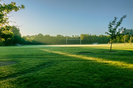 sun drenched youth football field in a city park photo