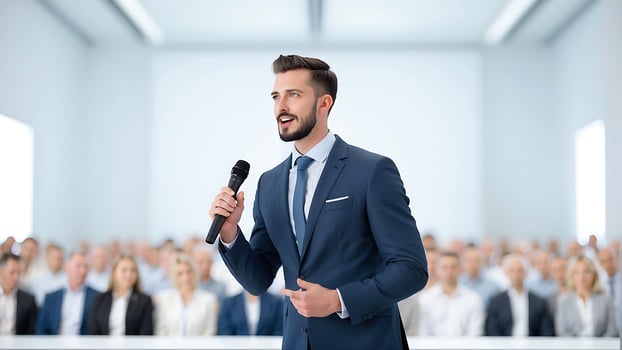 AI generated Businessman speaking to an audience on stage photo