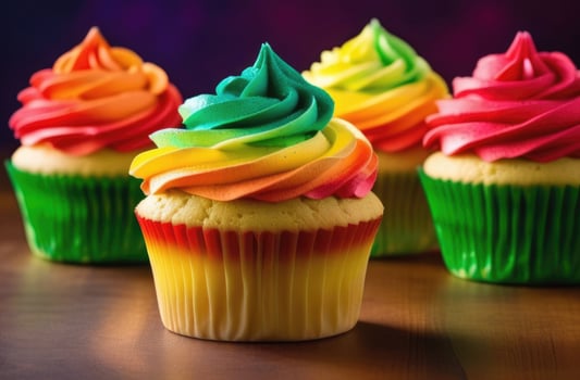 AI generated St. Patrick's Day, national Irish cuisine, traditional Irish pastries, rainbow cupcakes, homemade dessert decorated with colorful cream, Symbol of the LGBT pride community photo