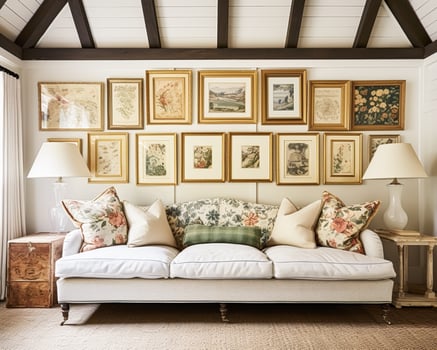 AI generated Living room gallery wall, home decor and wall art, framed art in the English country cottage interior, room for diy printable artwork mockup and print shop photo