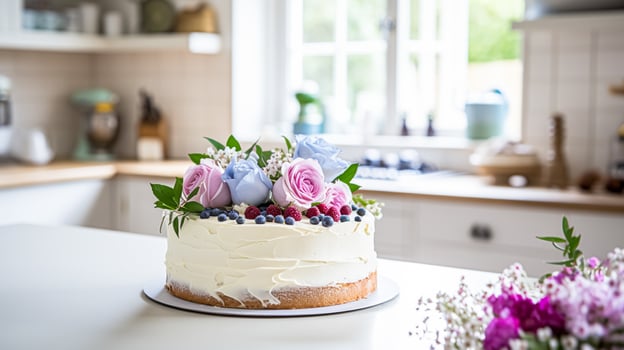 AI generated Homemade birthday cake in the English countryside house, cottage kitchen food and holiday baking recipe photo