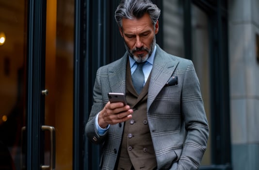 AI generated a businessman using his phone while standing outside photo
