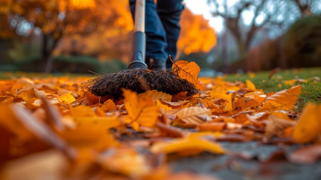 AI generated A man in the garden sweeps up fallen leaves photo