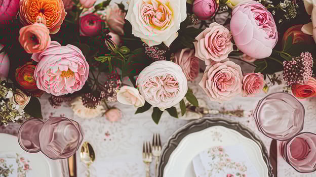AI generated Garden party tablescape, elegance with floral table decor photo
