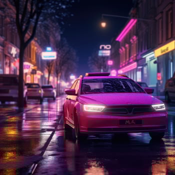 AI generated TAXI car on a wet street road in the city at night. Beautiful night neon purple lighting with car after heavy rain.  Professional cinematic color style. photo
