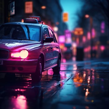 AI generated TAXI car on a wet street road in the city at night. Beautiful night neon purple lighting with car after heavy rain.  Professional cinematic color style. photo