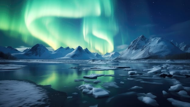 AI generated Northern Lights Majestic Aurora Borealis Over Icebergs, Snow Mountains, and Lakes in Polar Regions. photo