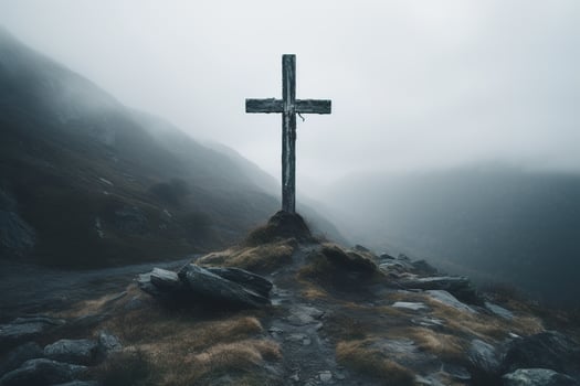 AI generated lonely cross on a rock in a foggy gloomy mountain landscape photo