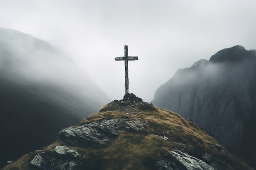 AI generated old solitary cross on a rock in a foggy gloomy mountain landscape photo