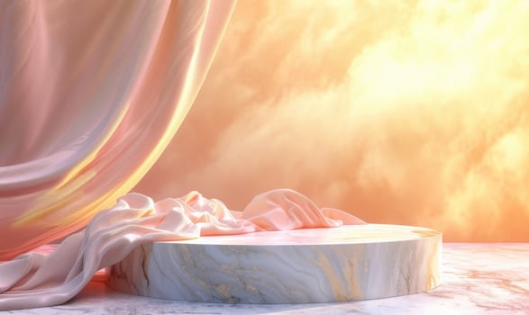 AI generated Pink marble podium with gold cloud background photo