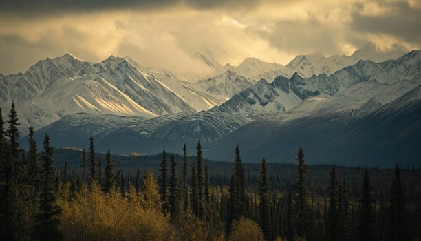AI generated Snowy mountains of Alaska, landscape with forests, valleys, and rivers in daytime. Breathtaking nature composition background wallpaper, travel destination, adventure outdoors photo