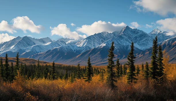 AI generated Snowy mountains of Alaska, landscape with forests, valleys, and rivers in daytime. Breathtaking nature composition background wallpaper, travel destination, adventure outdoors photo