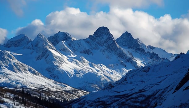 AI generated Snowy mountains of Alaska, landscape with forests, valleys, and rivers in daytime. Breathtaking nature composition background wallpaper, travel destination, adventure outdoors photo