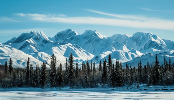 AI generated Snowy mountains of Alaska, landscape with forests, valleys, and rivers in daytime. Breathtaking nature composition background wallpaper, travel destination, adventure outdoors photo