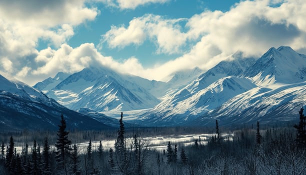 AI generated Snowy mountains of Alaska, landscape with forests, valleys, and rivers in daytime. Serene wilderness nature composition background wallpaper, travel destination, adventure outdoors photo