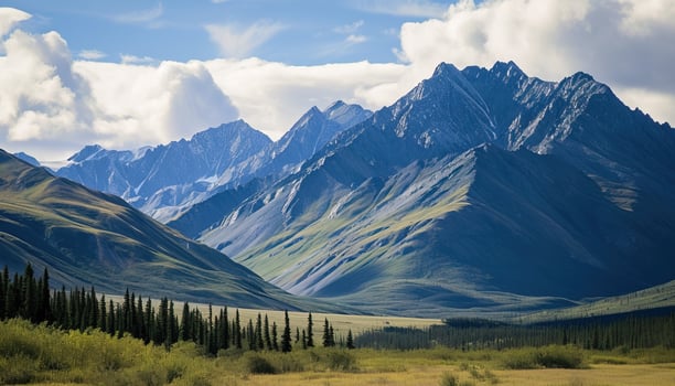 AI generated Snowy mountains of Alaska, landscape with forests, valleys, and rivers in daytime. Serene wilderness nature composition background wallpaper, travel destination, adventure outdoors photo
