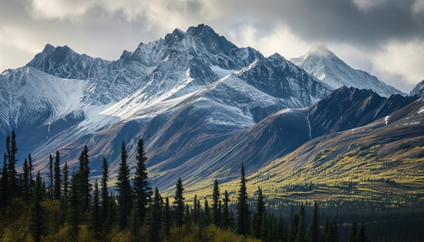 AI generated Snowy mountains of Alaska, landscape with forests, valleys, and rivers in daytime. Serene wilderness nature composition background wallpaper, travel destination, adventure outdoors photo