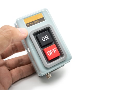 Box with two buttons with ON and OFF isolated on white background. Box switch use in industrial photo