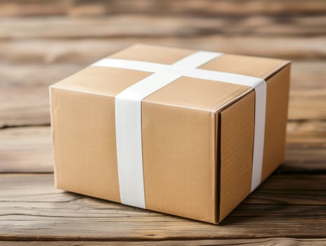 AI generated Close up of kraft box brown cardboard with blank white adhesive tape mockup photo