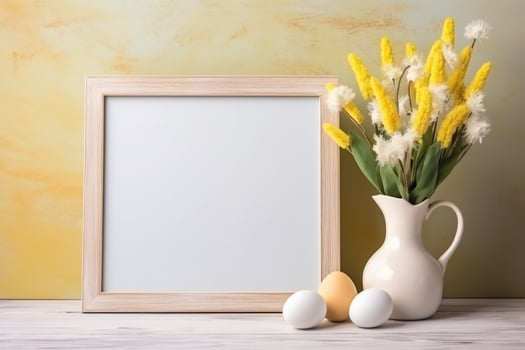 AI generated wooden frame on the table decorated for Easter. ai generated photo