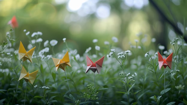 AI generated Origami Garden, illustrate an enchanting garden scene with origami flowers, plants and butterflies, background image, generative AI photo