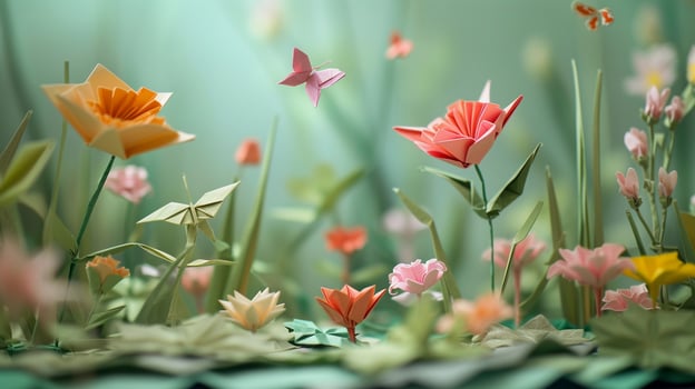 AI generated Origami Garden, illustrate an enchanting garden scene with origami flowers, plants and butterflies, background image, generative AI photo