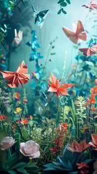 AI generated Origami Garden, illustrate an enchanting garden scene with origami flowers, plants and butterflies, background image, generative AI photo