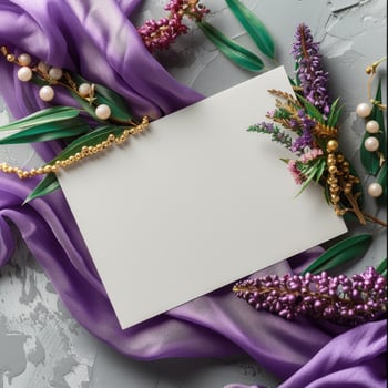AI generated White greeting card mockup surrounded by Mardi Gras decorations photo