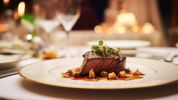 AI generated Exquisite main course meal at a luxury restaurant, wedding food catering and English cuisine photo