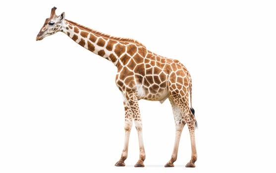 AI generated A giraffe stands gracefully, showcasing its long neck and distinctive spotted coat isolated on white background. photo