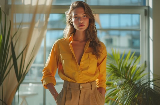 AI generated businesswoman posing in yellow shirt and tan pants. photo