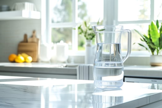 AI generated Glass decanter filled with clean drinking water in a modern kitchen. Generative AI photo