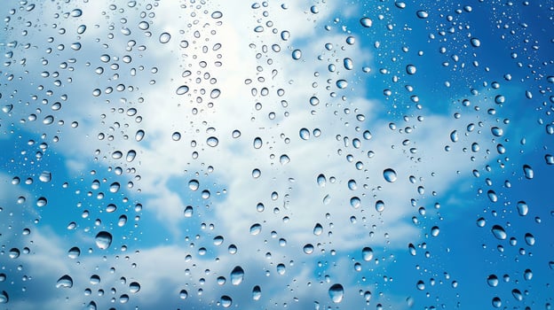 AI generated Rain drops on the glass. Beautiful blue and white sky. Sky background photo