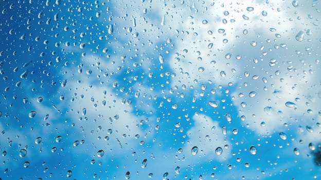 AI generated Rain drops on the glass. Beautiful blue and white sky. Sky background photo