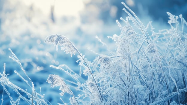 AI generated Frosty nature background. Winter landscape with frozen grass in blue toned. photo