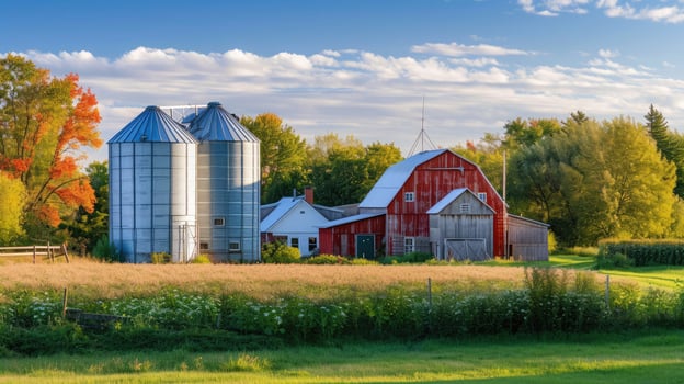 AI generated Grain silos at a small farm with a house and barn photo